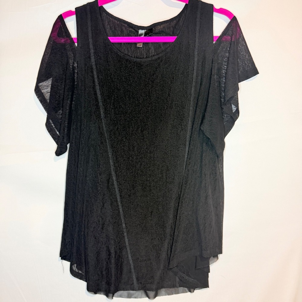 Unbranded Womens Black Sheer Cold Shoulder Flutter Sleeve Layered Top Size M/L